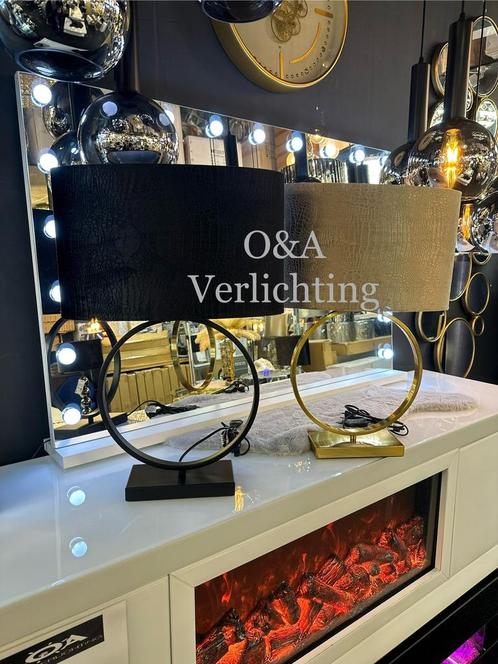 Ring tafellamp in het zwart mat en goud mat met croco kap, Huis en Inrichting, Lampen | Tafellampen, Nieuw, 50 tot 75 cm, Metaal