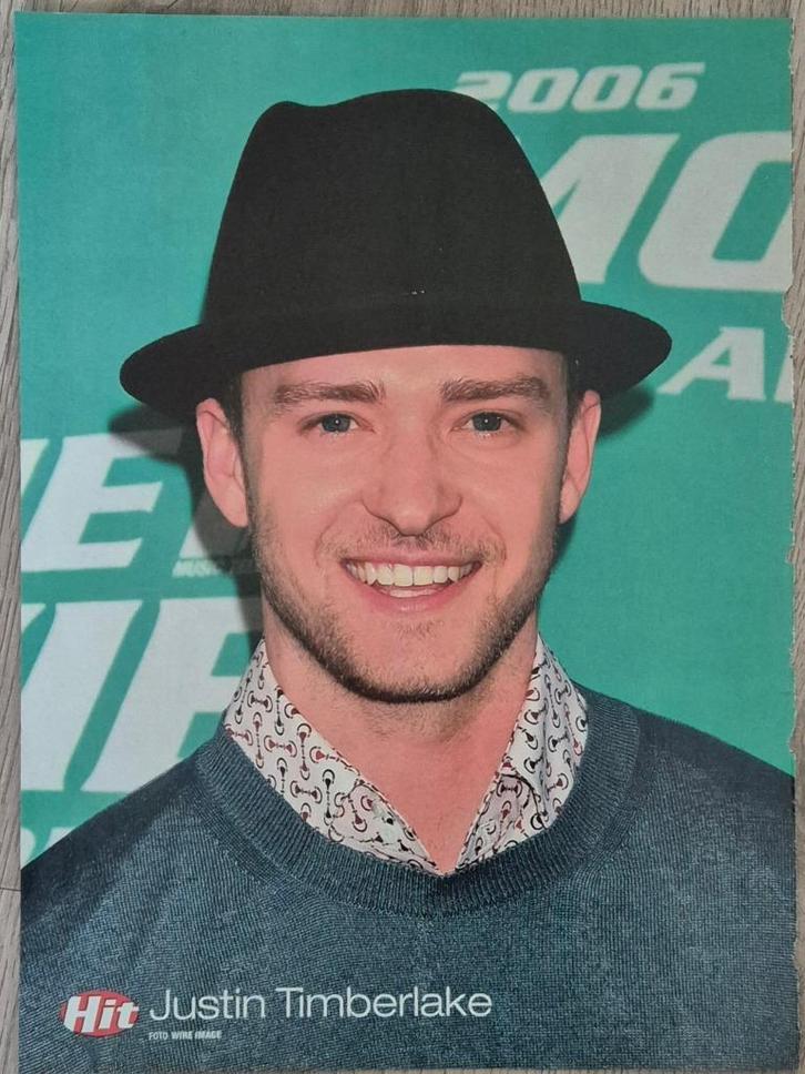 Mooie poster + oud materiaal JUSTIN TIMBERLAKE (O.A HITKRANT, Verzamelen, Posters, Zo goed als nieuw, Muziek, A4 of kleiner, Rechthoekig Staand