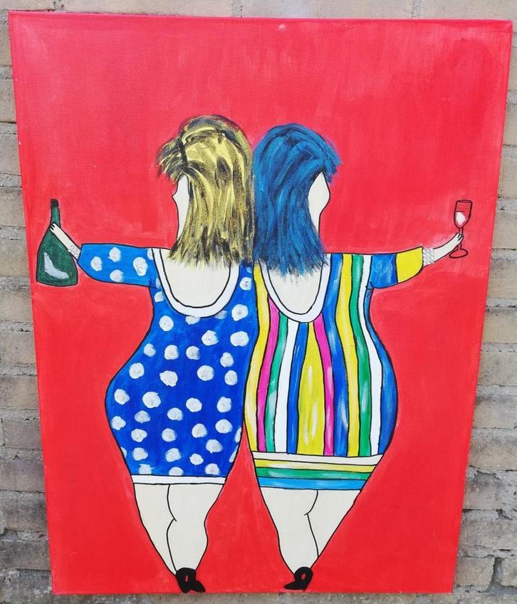 Dikke Dames aan de borrel. Acryl/doek. 60/80 cm., Huis en Inrichting, Woonaccessoires | Wanddecoraties, Zo goed als nieuw, Ophalen
