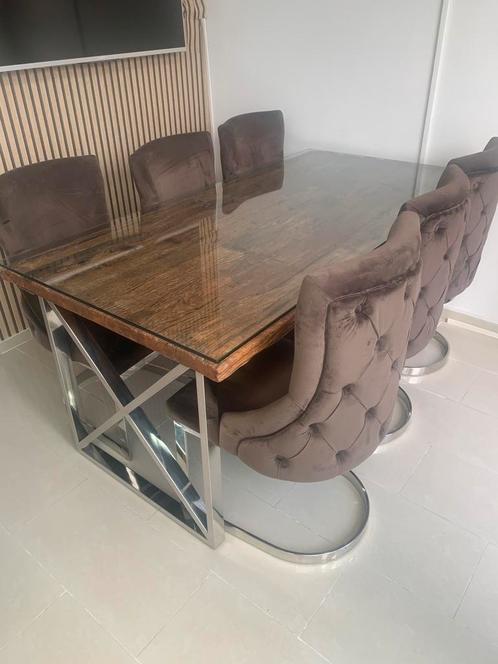 Luxe eettafel met glasplaat + 6 fluwelen stoelen, Huis en Inrichting, Complete eetkamers, Zo goed als nieuw, Ophalen
