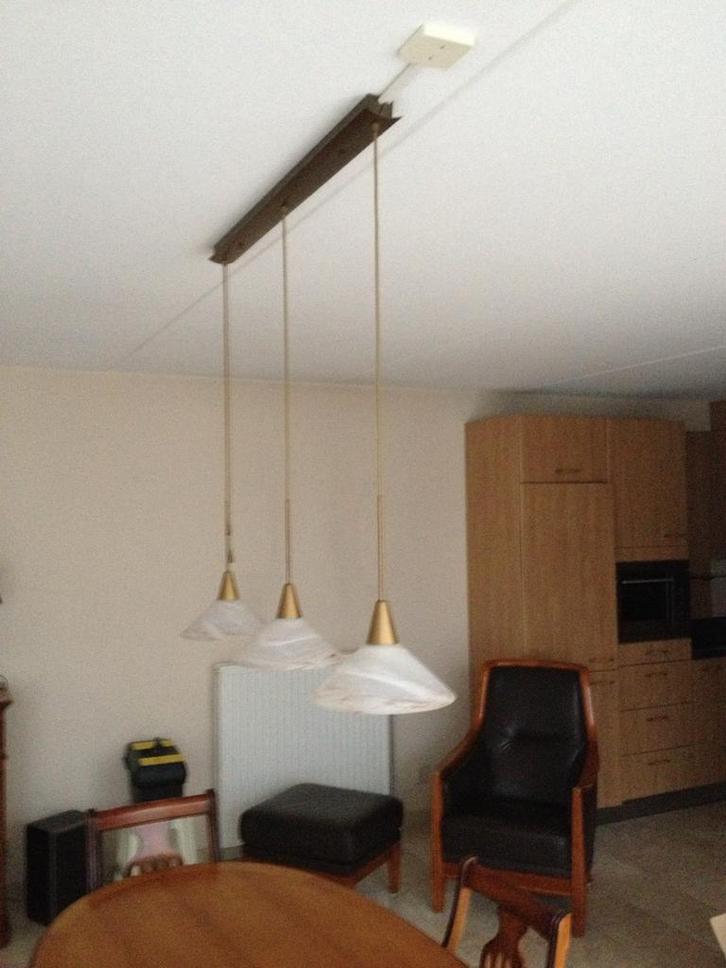 Vintage Hanglamp met 3 Lampen, Huis en Inrichting, Lampen | Hanglampen, Gebruikt, Minder dan 50 cm, Glas, Ophalen of Verzenden