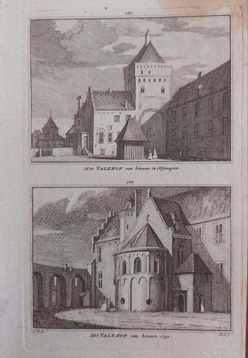187-188 / Nijmegen het Valkhof Kopergravure  1746, Antiek en Kunst, Kunst | Etsen en Gravures, Ophalen of Verzenden