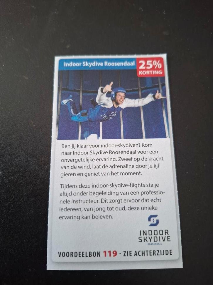 Indoor skydive Roosendaal 25% korting, Tickets en Kaartjes, Kortingen en Cadeaubonnen, Drie personen of meer, Overige typen, Kortingsbon