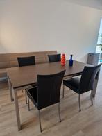 Eettafel (ook los) + 4 zwarte leren stoelen Bert Plantagie, Huis en Inrichting, Tafels | Eettafels, Ophalen, Gebruikt, Eikenhout