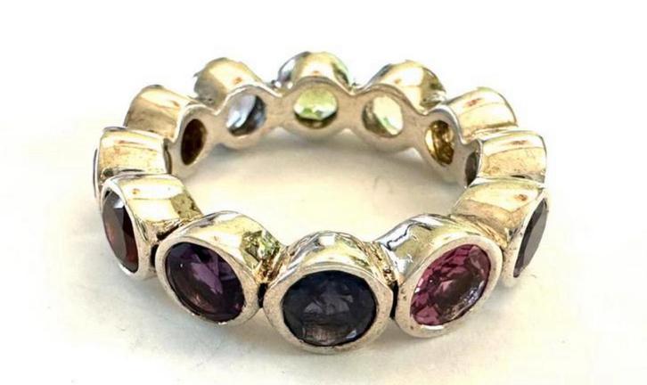 Zilveren regenboog ring met edelstenen, Sieraden, Tassen en Uiterlijk, Antieke sieraden, Ring, Zilver, Met edelsteen, Ophalen of Verzenden