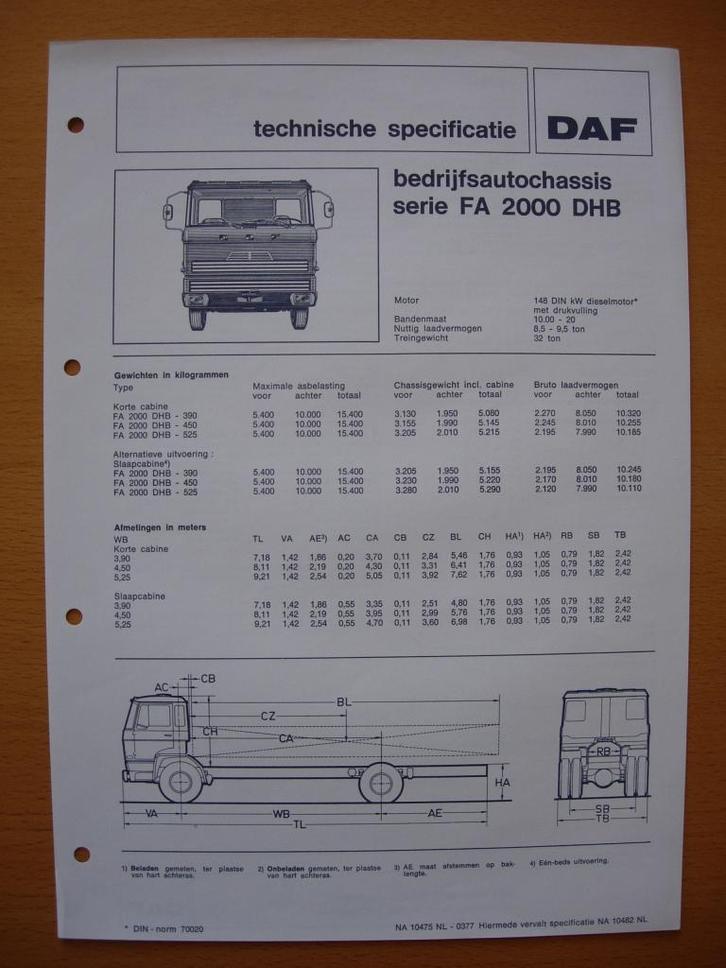 DAF FA 2000 DHB Technische Specificatie folder 1977 – 4x2, Boeken, Auto's | Folders en Tijdschriften, Zo goed als nieuw, Overige merken