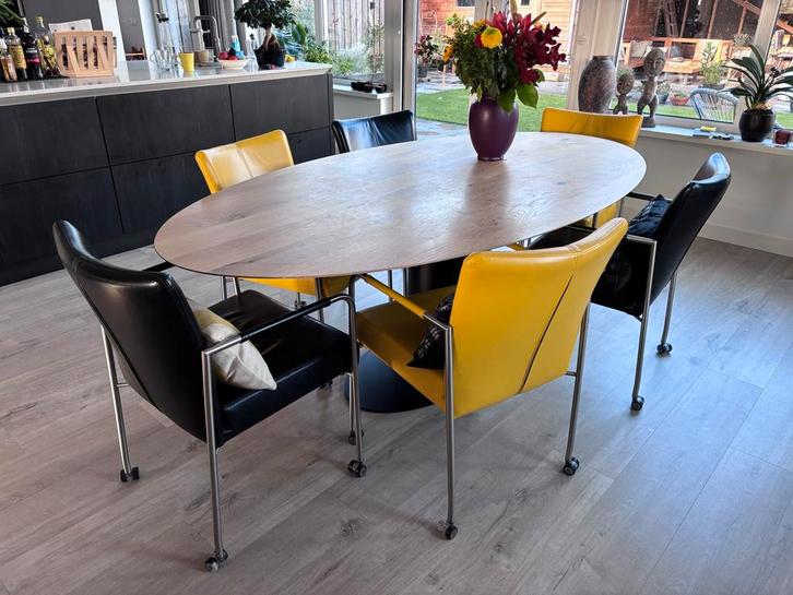 6 Leren Eetkamerstoelen Geel & Zwart, Huis en Inrichting, Stoelen, Gebruikt, Vijf, Zes of meer stoelen, Leer, Overige kleuren