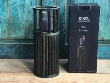 Windlicht lantaarn 30cm groen hout met glas en kaars beschikbaar voor biedingen