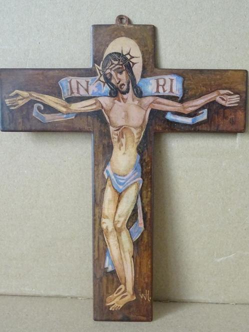 Geëmailleerd koperen kruis kruisbeeld 19cm gesigneerd WH, Verzamelen, Religie, Gebruikt, Christendom | Katholiek, Overige typen