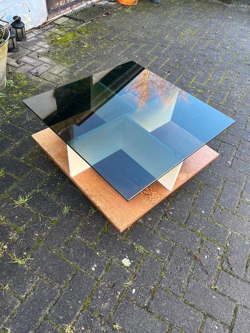 Salontafel vintage retro jaren 60-70 glas hout midcentury, Huis en Inrichting, Tafels | Salontafels, Gebruikt, Minder dan 50 cm