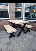 Steigerhouten tafel met bankjes, 100 tot 150 cm, Nieuw, Vier personen, Rechthoekig