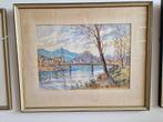 Aquarel Rivier stad met kerken en fort op een heuvel SCH16a, Ophalen of Verzenden