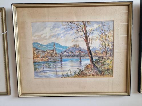 Aquarel Rivier stad met kerken en fort op een heuvel SCH16a, Antiek en Kunst, Kunst | Schilderijen | Klassiek, Ophalen of Verzenden