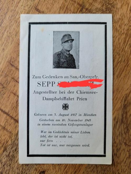 Sterbebild WW2 Duits Sanitäter Rus Gevangenkamp 1945, Verzamelen, Bidprentjes en Rouwkaarten, Bidprentje, Ophalen of Verzenden