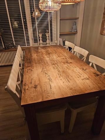 Stoere landelijke eettafel massief hout- stoelen (3) -bankje beschikbaar voor biedingen