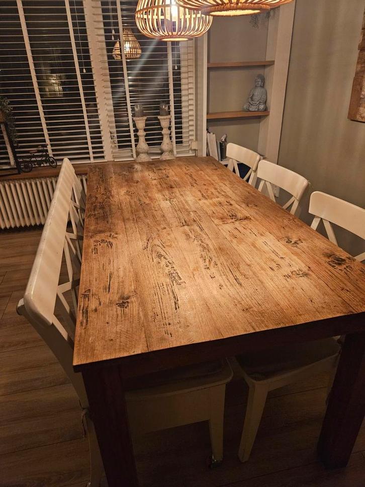Stoere landelijke eettafel massief hout- stoelen (3) -bankje, Huis en Inrichting, Tafels | Eettafels, Gebruikt, 50 tot 100 cm