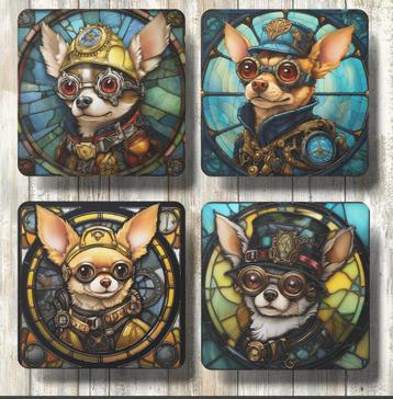 Chihuahua Steampunk Glas in Lood onderzetters met houder beschikbaar voor biedingen