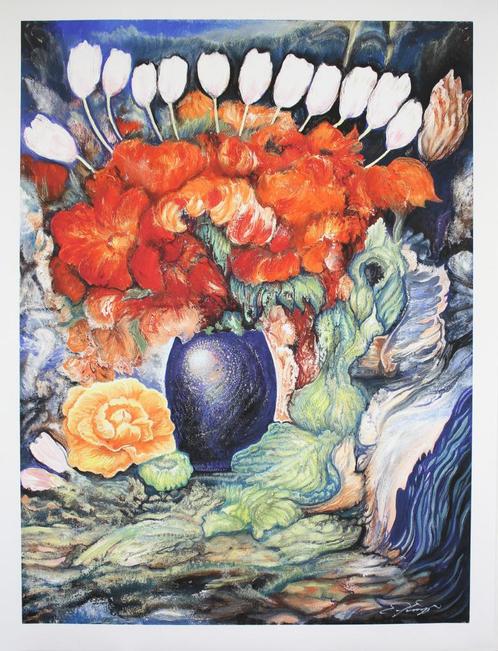 Ernst Fuchs (1930) Giclee op doek "Bouquet witte Tulpen" Ges, Antiek en Kunst, Kunst | Litho's en Zeefdrukken, Ophalen of Verzenden