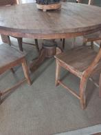 ronde tafel 1.50m met 5 stoelen, Ophalen, Zo goed als nieuw, Robuuste landelijke oud teak teakhouten Hoffz Aura grof dik, 4 tot 6 stoelen