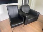 Fauteuil, stoel, zwart leder, 2 stuks, Ophalen, Gebruikt, 50 tot 75 cm, Leer