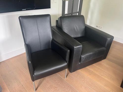 Fauteuil, stoel, zwart leder, 2 stuks, Huis en Inrichting, Fauteuils, Gebruikt, Leer, 50 tot 75 cm, 75 tot 100 cm, Ophalen
