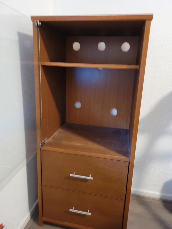 Robuust houten kastje met lades en deur, Huis en Inrichting, Kasten | Dressoirs, Gebruikt, Minder dan 50 cm, 25 tot 50 cm, Met lade(s)