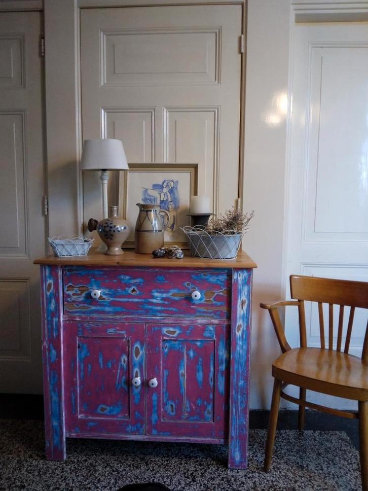 Commode ladenkast buffet Provence blauw wit roze, Antiek en Kunst, Curiosa en Brocante, Ophalen