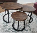 Leen Bakker Bijzettafels Mangohout - Set van 3, Huis en Inrichting, Gebruikt, Rond, 55 tot 75 cm, Industrieel