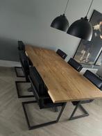 Boomstam eettafel stalen poot,  inclusief 6 stoelen, Ophalen, 100 tot 150 cm, Eikenhout, 200 cm of meer