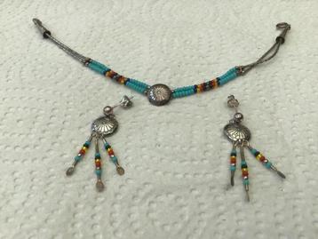 Zilveren Navajo Oorbellen/ armband met Turquoise Kralen 925 beschikbaar voor biedingen