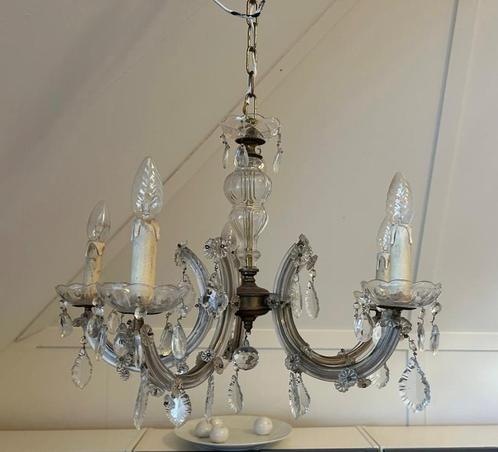 Antieke 5-armige kroonluchter, Huis en Inrichting, Lampen | Kroonluchters, Gebruikt, Glas, Ophalen