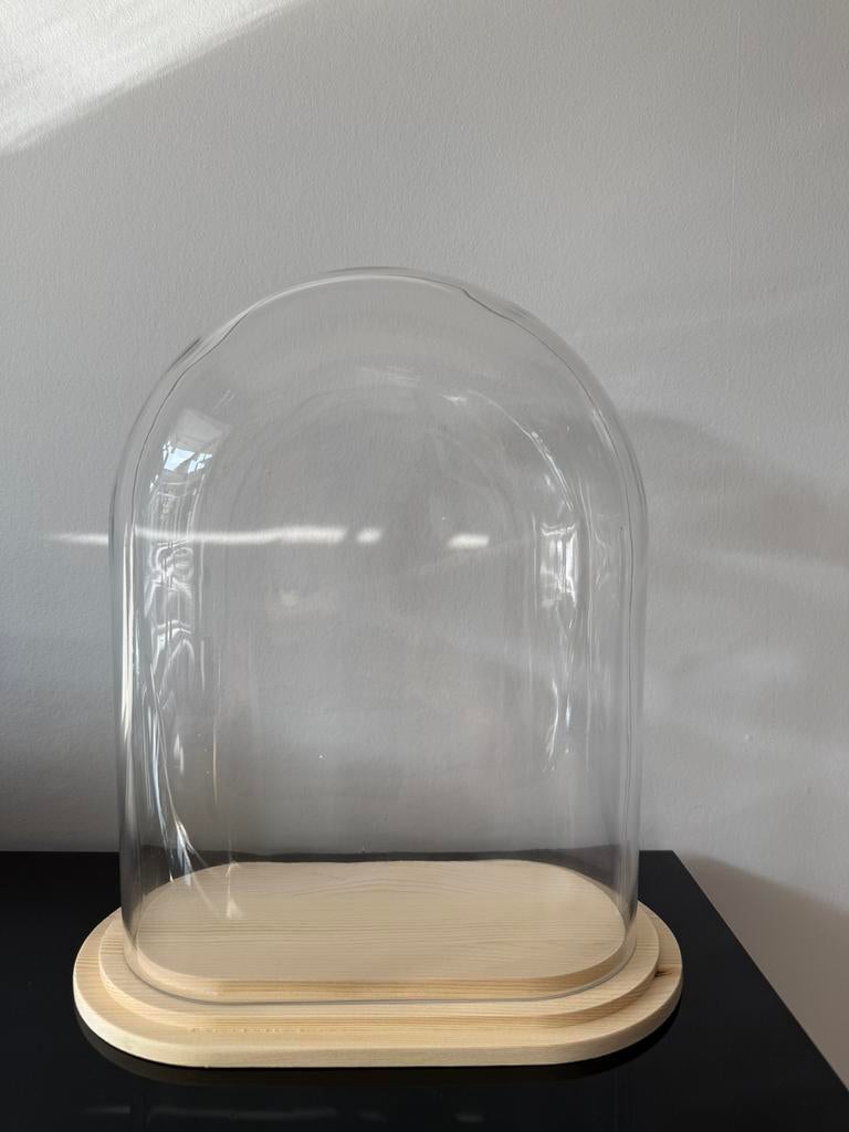 Stolp ovaal L helder glas blank houten plateau, Veens Living, Nieuw, Elst, Info@veensliving.nl
