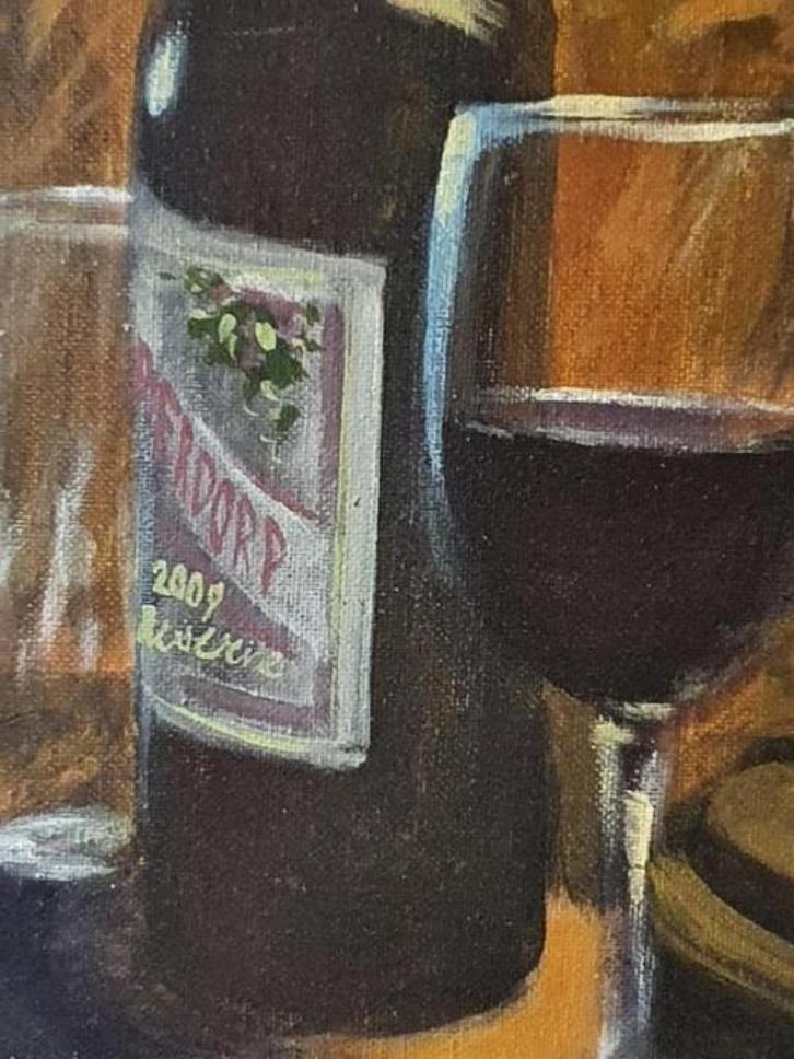 Schilderij Marc Traudes 2009 wijn met glas schemerlamp, Antiek en Kunst, Kunst | Schilderijen | Klassiek, Ophalen