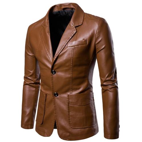Bruin leren colbert (bruine kunstleren heren mannen blazer), Kleding | Heren, Kostuums en Colberts, Nieuw, Bruin, Verzenden
