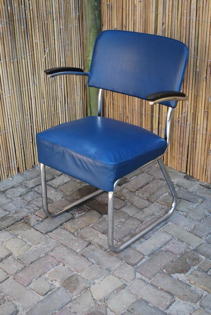 Jaren '50 buisframe slede stoel / zetel / fauteuil blauw, Huis en Inrichting, Stoelen, Gebruikt, Eén, Leer, Metaal, Blauw, Ophalen