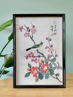 Vintage lijst wanddecoratie beschilderd zijde bloesem vogel, Ophalen of Verzenden, Gebruikt