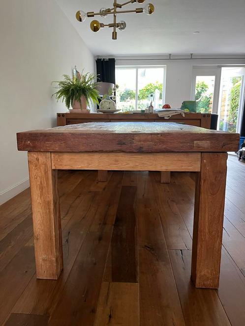 Robuuste eettafel van treinrails hout, Huis en Inrichting, Tafels | Eettafels, Gebruikt, 50 tot 100 cm, 200 cm of meer, Vijf personen of meer