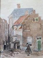 Aquarel straatje met figuren oud Almelo deel bestaat nog.., Antiek en Kunst, Ophalen of Verzenden