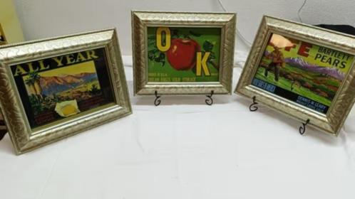 3x Amerikaanse krat labels in lijst – appels, citroenen, per, Huis en Inrichting, Woonaccessoires | Schilderijen, Tekeningen en Foto's