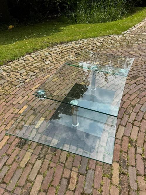 Glazen salontafel met draaiend blad en marmer voet, Huis en Inrichting, Tafels | Salontafels, Gebruikt, Minder dan 50 cm, 50 tot 100 cm