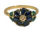 18 kt gouden ring met saffier, smaragd en diamant. Mt 20, 19 tot 20, Zo goed als nieuw, Met edelsteen, Dame