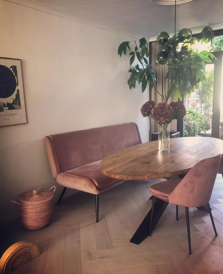 Roze Eetkamerbank met 2 Stoelen, Huis en Inrichting, Stoelen, Gebruikt, Twee, Metaal, Overige kleuren, Ophalen