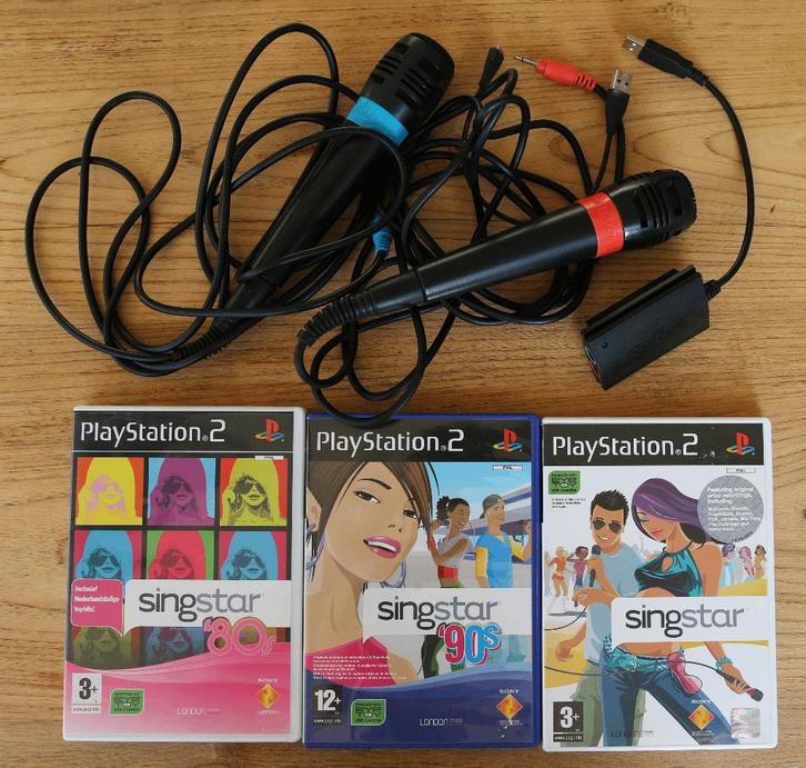 SingStar set PS2: 2 microfoons + 3 games (80s/90s/SingStar), Spelcomputers en Games, Games | Sony PlayStation 2, Gebruikt, Muziek