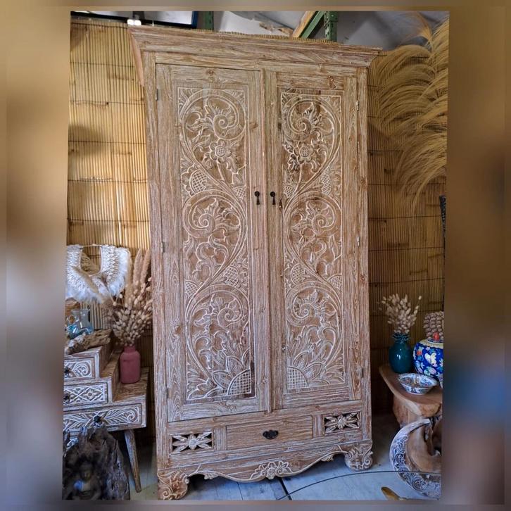 Linnenkast teak houtsnijwerk, Huis en Inrichting, Kasten | Kledingkasten, Nieuw, 200 cm of meer, 100 tot 150 cm, 25 tot 50 cm