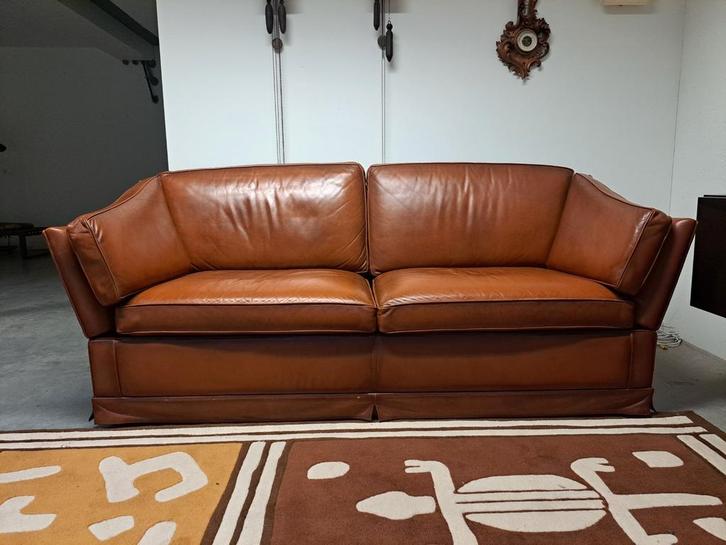 Vintage leren bank - Tweezits, Huis en Inrichting, Banken | Bankstellen, Zo goed als nieuw, Rechte bank, Tweepersoons, 200 tot 250 cm