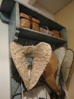 antiek BLAUW HOUTEN WANDREK met VEEL HAKEN / rek, Ophalen