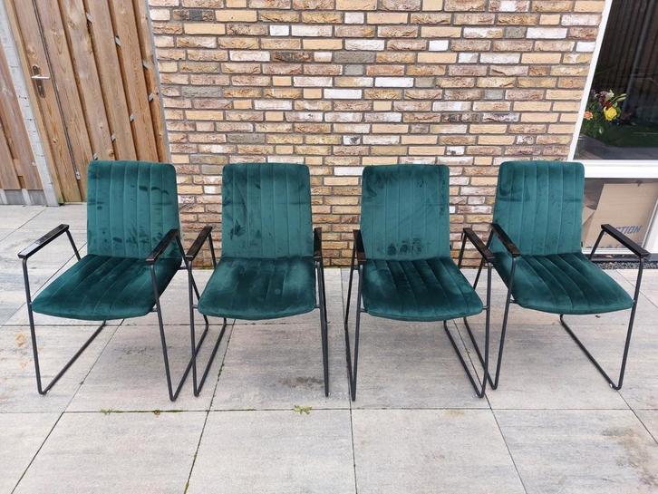 Mooie groene velvet eetkamerstoelen Goossens, Huis en Inrichting, Stoelen, Zo goed als nieuw, Vier, Metaal, Stof, Overige kleuren