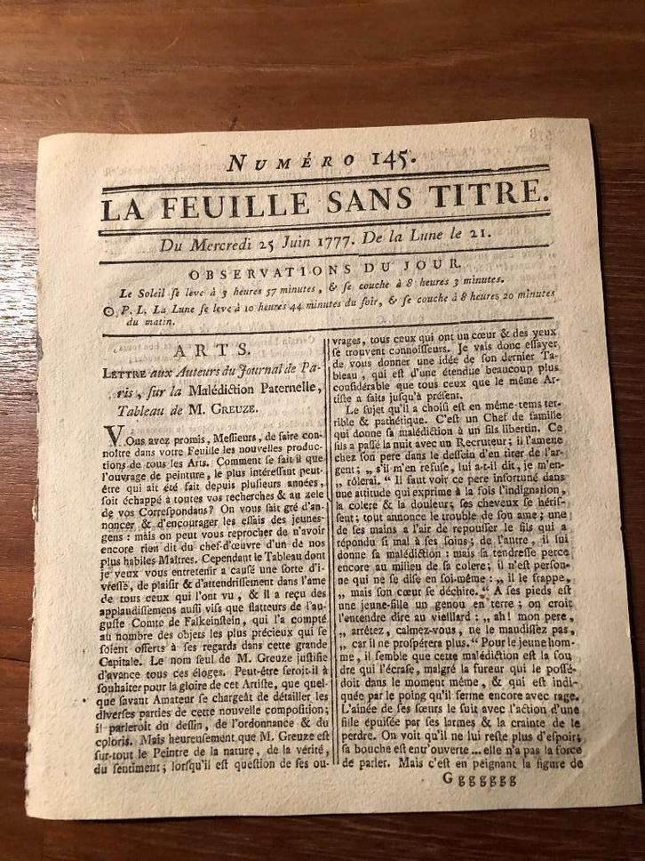 1777 Mercredi le 25 Juin. De la Lune le 21. La Feuille Sans, Antiek en Kunst, Antiek | Boeken en Bijbels, Ophalen of Verzenden
