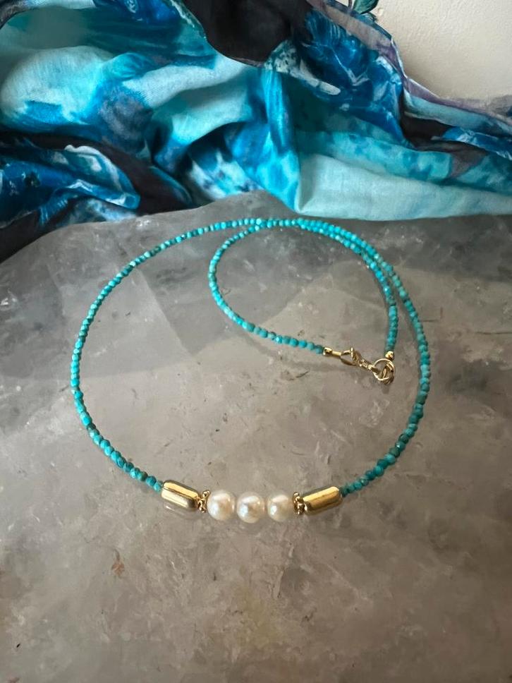 Akoya zoutwater parel turkoois turquoise Arizona zeldzaam, Sieraden, Tassen en Uiterlijk, Kettingen, Nieuw, Zilver, Blauw, Met edelsteen