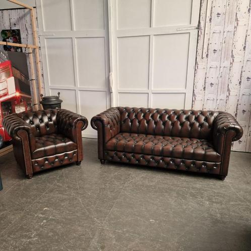 Chesterfield 3-zits + Fauteuil – Knopenzit – Antiek Bruin, Antiek en Kunst, Antiek | Meubels | Stoelen en Banken, Ophalen